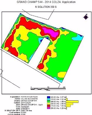  La carte de modulation présentée ci-dessus correspond à celle du second apport d’azote, en l’occurrence une solution liquide 350S. L’amplitude de la modulation (volume/ha) varie en fonction des zones colorées jusqu’à 70 l/ha pour quelques parties de la parcelle. Pour le dernier apport, les variations sont légèrement moins importantes à plus ou moins 50 l/ha.
