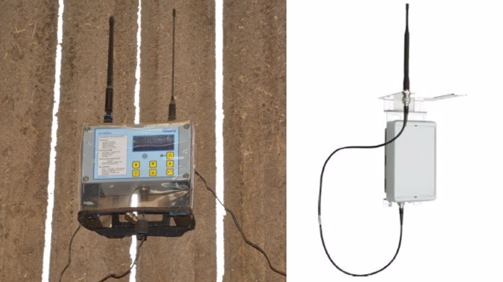 La base radio actuelle (à gauche) peut collecter les données de 250 capteurs sur une portée de moins de 300 mètres environ. La nouvelle base LoRa (à droite) collecte jusqu'à 8.000 capteurs sur un kilomètre de distance. (©Terre-net Média)