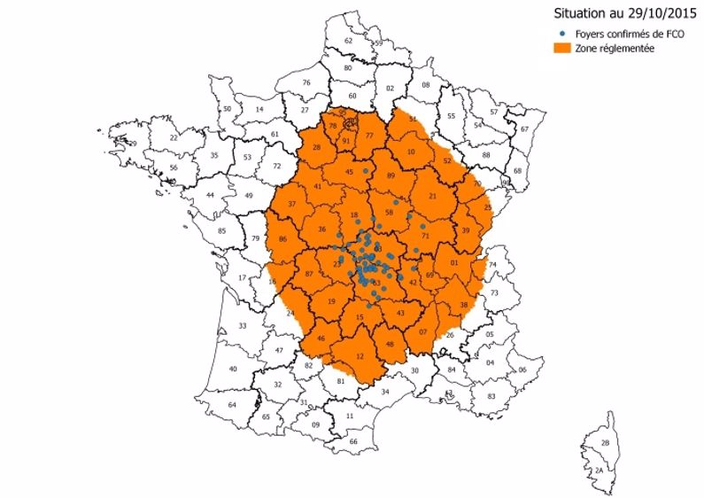 Nouvelle carte de la zone réglementée au titre de la FCO, au 29 octobre 2015. (©DR) 