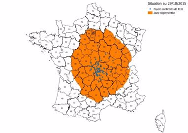 Nouvelle carte de la zone réglementée au titre de la FCO, au 29 octobre 2015. (©DR) 