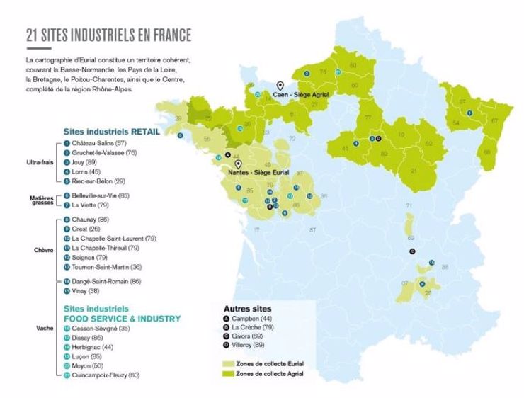 La zone de collecte d'Eurial en vert pâle et celle d'Agrial en vert foncé. (©Eurial)