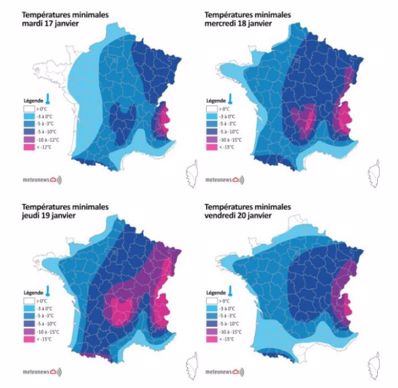 Températures minimales prévues en France du 17 au 20 janvier 2017.