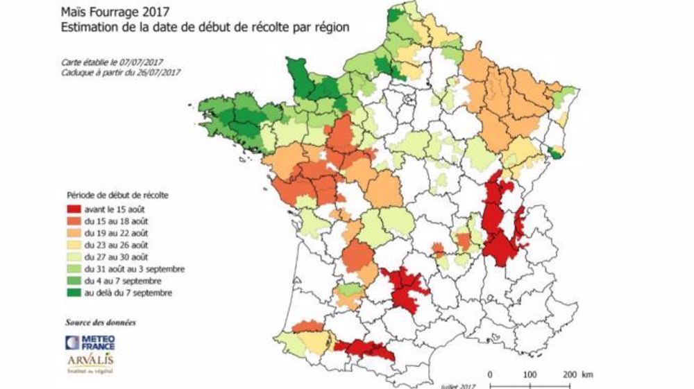 Estimation par région de la date de début de récolte des maïs fourrages 2017. (©Arvalis)