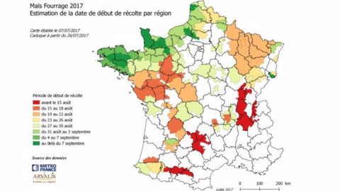 Estimation par région de la date de début de récolte des maïs fourrages 2017. (©Arvalis)