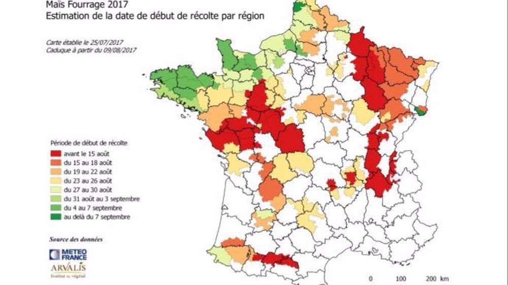 Estimation par région de la date de début de récolte des maïs fourrages 2017. (©Arvalis)