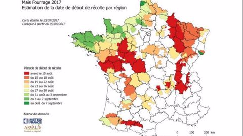 Estimation par région de la date de début de récolte des maïs fourrages 2017. (©Arvalis)