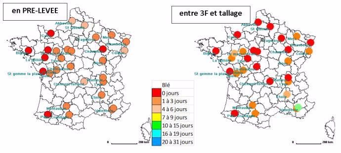 Figure 1 : Nombre de jours disponibles, 4 années sur 5, pour le désherbage mécanique d’un blé à l’automne (analyse climatique fréquentielle sur 20 ans). Outils appropriés : herse étrille ou houe rotative