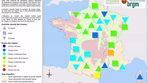 Etat des nappes phréatiques au 1er avril 2018 en France. <a href="http://www.brgm.fr/sites/default/files/brgm_nappes_eau_2018-04_carte.pdf" target="_blank">Cliquez sur la carte pour l'agrandir</a>. (©BRGM)