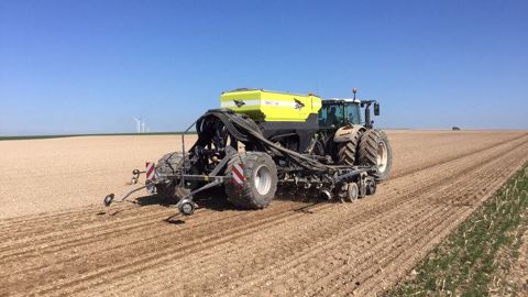 Un semoir Easydrill de six mètres au semis de précision d’œillettes en Champagne crayeuse. (©Sky)