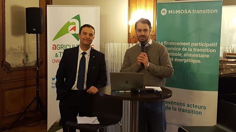 Claude Cochonneau, président de l'APCA, et Florian Breton, fondateur de Miimosa, lors de la présentation de Miimosa transition, mardi 29 janvier 2019 au siège de l'APCA. (©Terre-net Média)