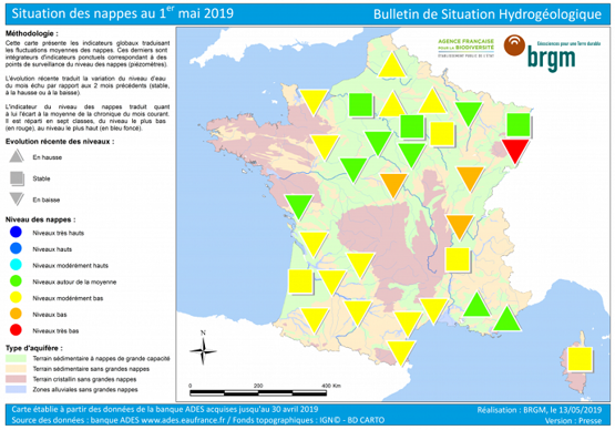 Etat des nappes phréatiques au 1er mai 2019.