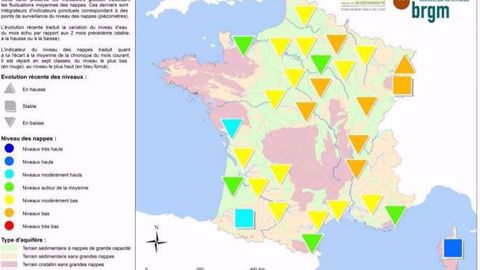 Carte du BRGM sur l'état des nappes phréatiques au 1er septembre 2019. (©BRGM)