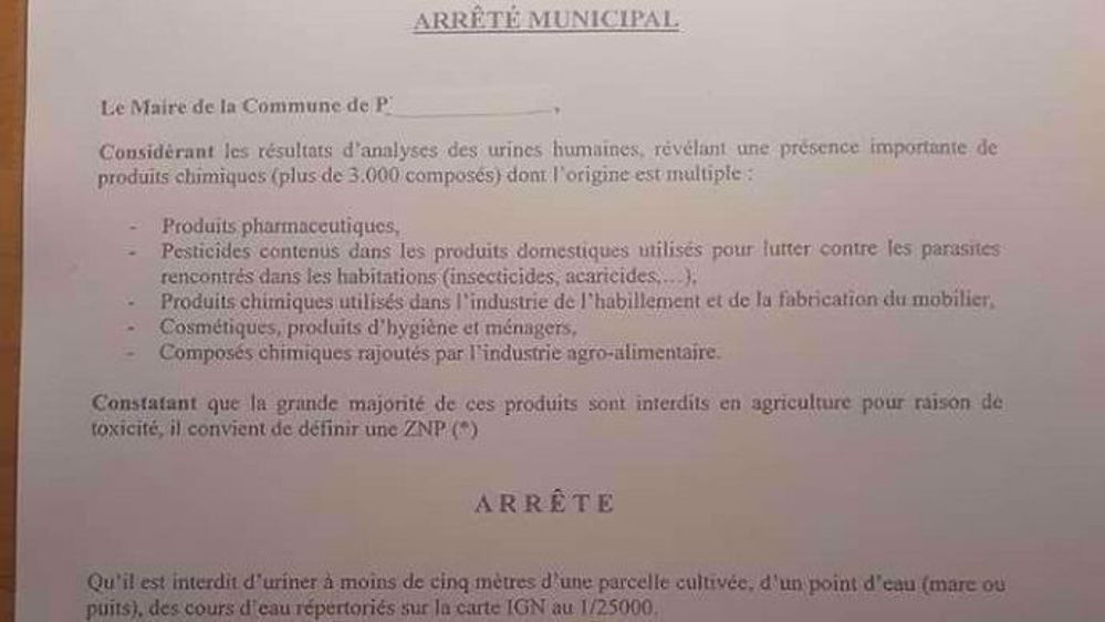Extrait de l'arrêté municipal de Prudemanche, dans l'Eure-et-Loir, interdisant d'uriner à moins de cinq mètres des champs.