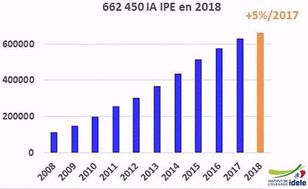 L'Idele recense 662 450 IA IPE en 2018, soit 5 % de plus qu'en 2017.