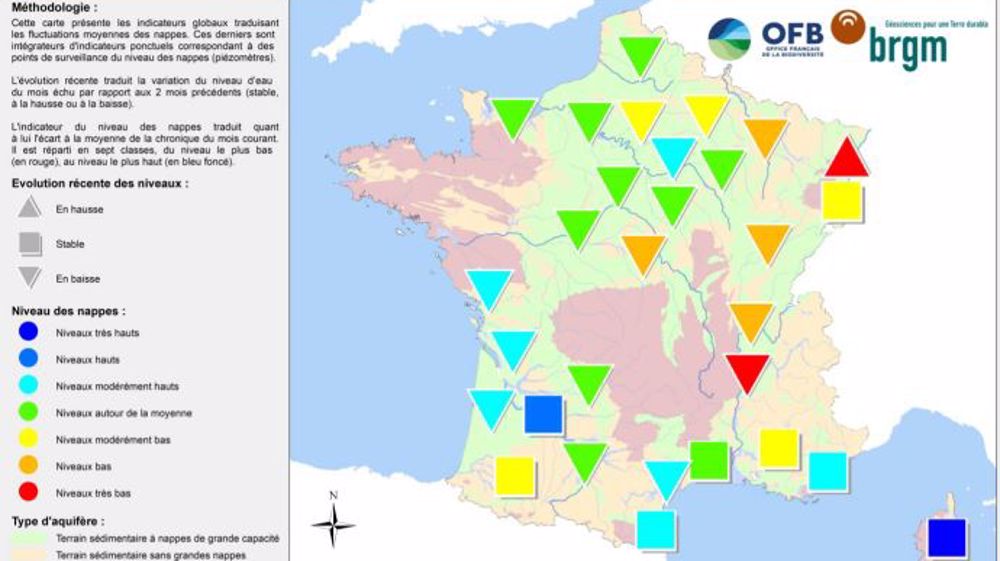 Etat des nappes phréatiques au 1er octobre 2020. <a href="https://www.brgm.fr/sites/default/files/communique-nappes-eau-souterraine-2020-10-carte.pdf" target="_blank">Cliquez sur la carte pour l'agrandir</a>. (©BRGM)