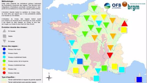 Etat des nappes phréatiques au 1er octobre 2020. <a href="https://www.brgm.fr/sites/default/files/communique-nappes-eau-souterraine-2020-10-carte.pdf" target="_blank">Cliquez sur la carte pour l'agrandir</a>. (©BRGM)