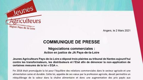 Les JA des Pays de la Loire déposent 3 plaintes pour manquements à la loi Egalim Les JA des Pays de la Loire déposent 3 plaintes pour manquements à la loi Egalim