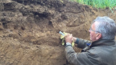 Une fois les premières mesures effectuées, Christophe Frebourg rafraîchit les parois de la fosse pour réaliser les observations.  (©Terre-net Média)