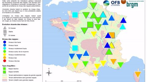 État des nappes phréatiques au 1<sup>er</sup> août 2021. <a href="https://www.terre-net.fr/ulf/data/Pauline/communique-nappes-eau-souterraine-2021-08-carte.PDF">Cliquez sur la carte pour l'agrandir</a>. (©BRGM) État des nappes phréatiques au 1<sup>er</sup> août 2021. <a href="https://www.terre-net.fr/ulf/data/Pauline/communique-nappes-eau-souterraine-2021-08-carte.PDF">Cliquez sur la carte pour l'agrandir</a>. (©BRGM)