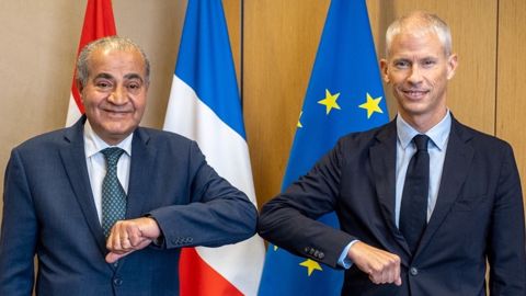 Ali El-Moselhi (ministre égyptien de l'Approvisionnement et du Commerce intérieur) et Franck Riester (ministre délégué français du Commerce extérieur et de l'Attractivité) se sont rencontrés le 30 septembre (©franckriester - Twitter)