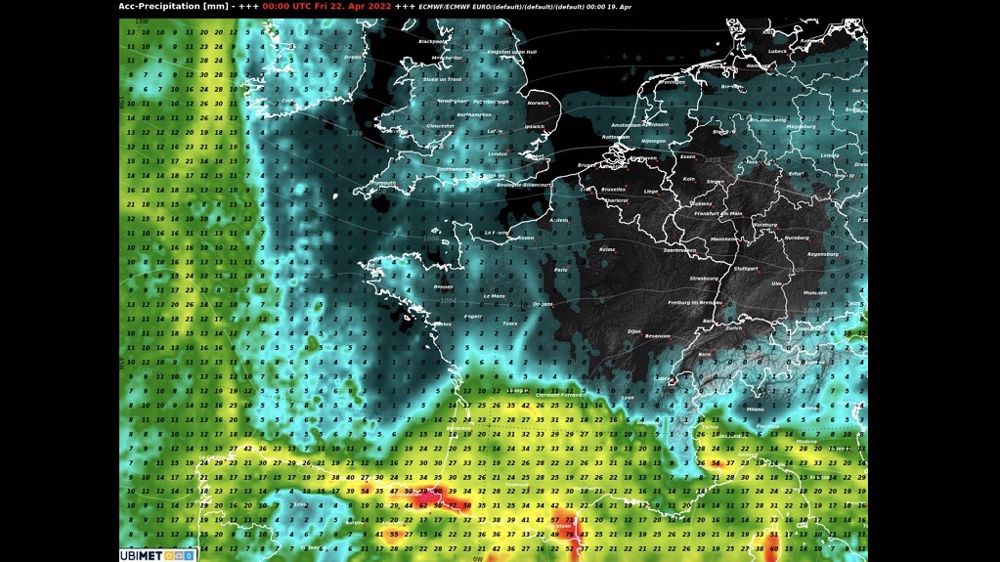 Cumul de pluies prévu dans les 48 prochaines heures dans le sud de la France. (©MeteoNews)