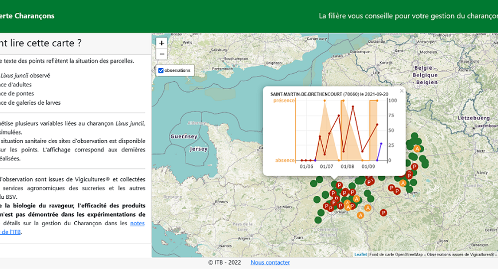 Chaque point représente une parcelle agriculteur suivie par les observateurs du bulletin de santé du végétal (BSV). (©ITB)