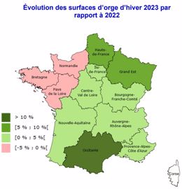 Evolution des surfaces d'orge d'hiver 2023, par rapport à 2022