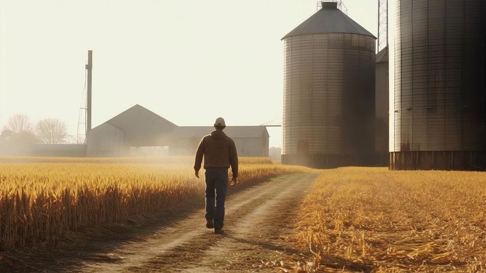 Agriculteur devant des silos de coopératives