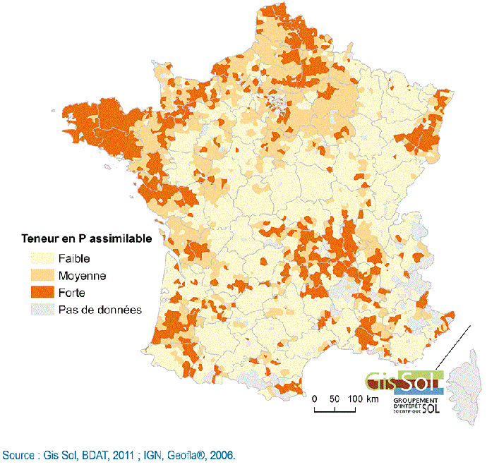 Les teneurs en phosphore assimilable des horizons de surface des sols agricoles de France par canton