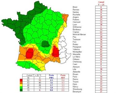 des cumuls de températures supérieures à 25°C Cumulé du stade fin floraison au 26 juin 2011. Cliquer pour agrandir.