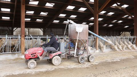 La trémie mobile, sur la base d’une ancienne cuve à fioul, est tractée par une tondeuse autoportée, également chargée d’animer les vis de chargement et de distribution. La trémie mobile, sur la base d’une ancienne cuve à fioul, est tractée par une tondeuse autoportée, également chargée d’animer les vis de chargement et de distribution.