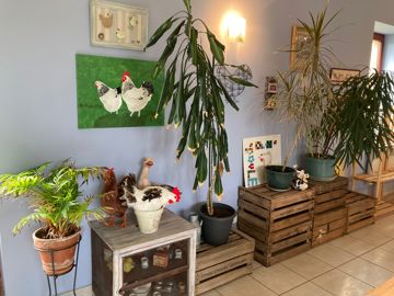 Dans le cadre des visites à la ferme, une salle, décorée sur le thème de la poule, peut accueillir jusqu’à cinquante personnes. © Monique Roque Marmeys