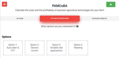 Le logiciel propose d’analyser quatre solutions techniques : autoguidage, coupure de sections, modulation et binage. © Pamcoba