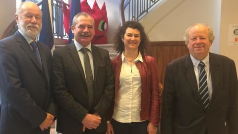 De gauche à droite : Bruno Dupont, président d’Interfel ; Jacques Rouchausse, président du CTIFL ; Christel Teyssedre, présidente d’Aprifel ; Louis Orenga, directeur général des trois structures. (© A. Magnard / GFA)