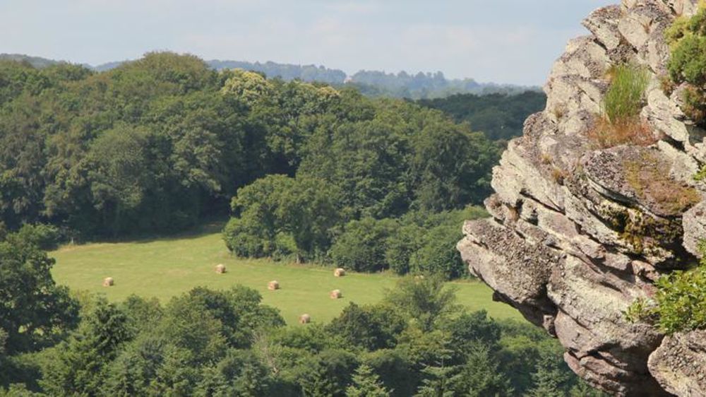 Le paysage sensible de la Suisse normande connaît par endroits un enfrichement en raison du manque d’exploitations agricoles comme ici sur le site touristique de la Roche d’Oëtre. Le problème pourrait s’amplifier avec une baisse des soutiens aux exploitations concernées. © Alexis Dufumier