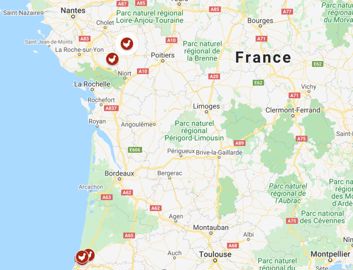 Les cinq foyers de grippe aviaire en élevage sont situés dans les départements des Landes, de la Vendée et des Deux-Sèvres. © Google maps