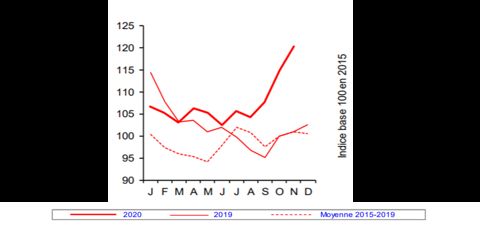 Les prix des céréales de novembre 2020 sont au plus haut depuis le début de l’année. © Insee — Agreste
