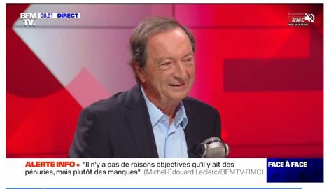Mercredi 7 septembre 2022 sur RMC-BFMTV, Michel-Edouard Leclerc se déclare prêt à augmenter le prix du lait payé aux fournisseurs. Mercredi 7 septembre 2022 sur RMC-BFMTV, Michel-Edouard Leclerc se déclare prêt à augmenter le prix du lait payé aux fournisseurs.