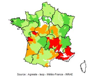 Indicateur Isop de rendement des prairies permanentes au 20 juin 2021. En rouge : déficit important (75 % et moins), en orange : déficit faible (plus de 75 % à 90 %), en vert clair : normale (plus de 90 % à 110 %), en vert foncé : excédent (plus de 110 %).