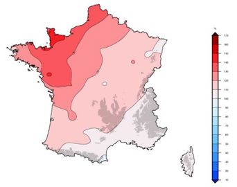 Écart à la moyenne saisonnière de référence allant de 1991 à 2010 de la durée d’ensoleillement pour le printemps 2021. © Météo-France