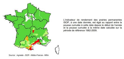 Légende : rouge : déficit important (75 % et moins) ; orange : déficit faible (de plus de 75 % à 90 %) ; vert clair : normale (de plus de 90 % à 110 %) ; vert foncé : excédent (plus de 110 %).