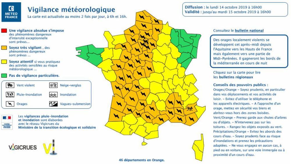 L’épisode orageux pour lequel Météo-France place 46 départements en alerte orange est annoncé au cours de l’après-midi. © Météo-France