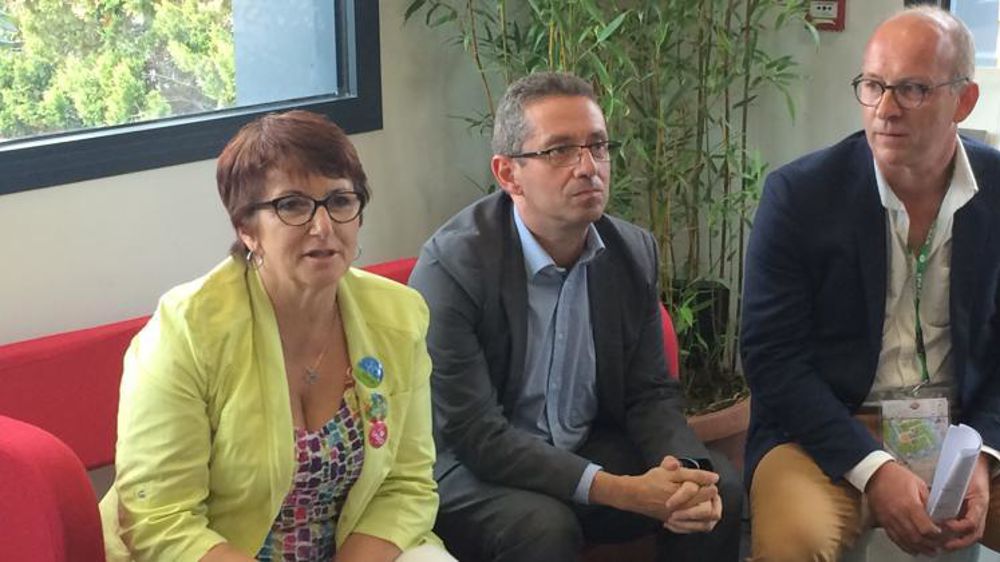 Christiane Lambert, présidente de la FNSEA, Jérôme Despey, secrétaire général du syndicat, et Thierry Coué, président de la FRSEA Bretagne, lors de la conférence de presse au Space. © S. Bergot/GFA
