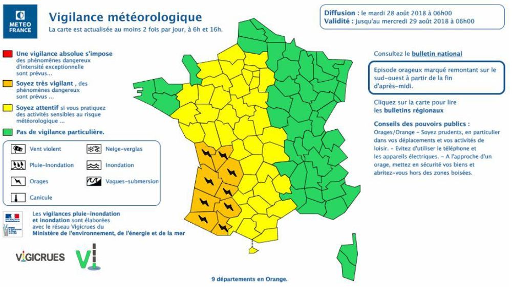 Météo-France place onze départements en alerte orange pour les orages ce 28 août 2018. © Météo-France