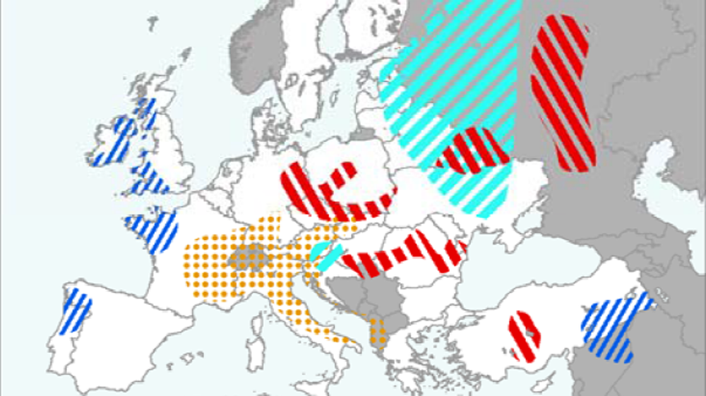 Événements extrêmes climatiques. Capture du bulletin Mars de la Commission européenne (1er novembre 2018-21 décembre 2018). Rayures rouges : déficit de pluie. Rayures bleues : surplus de pluie. Rayures turquoise : vague de froid. Points jaunes : surplus de cumul de température.