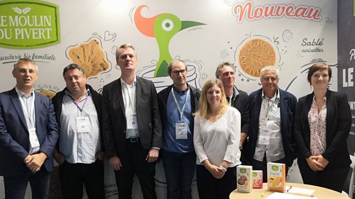 De gauche à droite : Bernard Fournié (Le Pivert), Pierre Pradalié (Qualisol), Florent Guhl (Agence bio), Jan Verbruguen (Biolintec), Aurélie Tacquard (Le Pivert), Thierry Faucher (Moulin de Montricoux), Claude Gilbert (Qualisol) et Isabelle Dal (Le Pivert). © Interbio-Occitanie