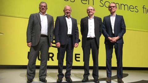 De gauche à droite : Dominique Ciccone, DG, et Georges Galardon, président de Triskalia, Serge Le Bartz et Alain Perrin, président et DG de Groupe d’aucy. © H. LAURANDEL