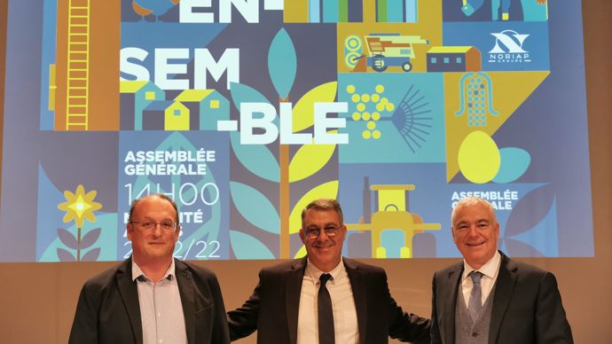 Alexandre Rivenet, ancien président de La Flandre (à g.), David Saelens, président de Noriap, et Damien François, directeur général : « Cette fusion concrétise un chemin parcouru depuis 2015, dans le respect des particularismes régionaux. »