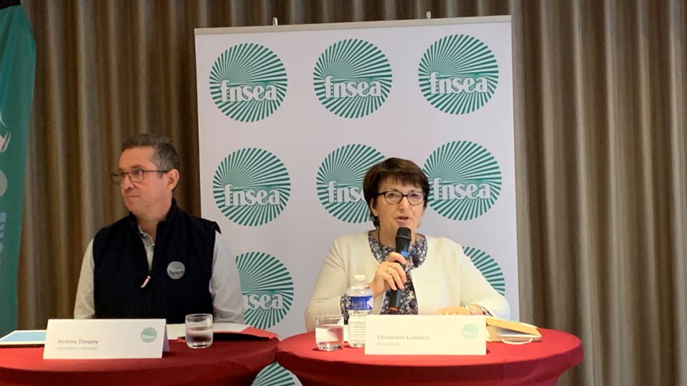Christiane Lambert, présidente de la FNSEA, et Jérome Despey, secrétaire général, lors des voeux à la presse du syndicat le 11 janvier 2023.
