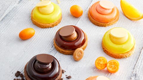 Entremets gourmands citron, agrumes, caramel et chocolat réalisés à partir des fourrages Delicream Xtra Dawn